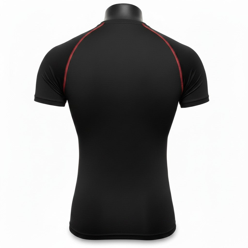 Back view of Zigueii Agborlor compression t-shirt in black with red flatlock seam detailing on a mannequin