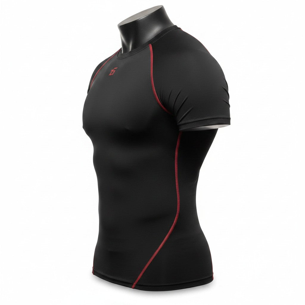 Zigueii Agborlor compression t-shirt in black with red flatlock seams and short sleeves on a mannequin torso